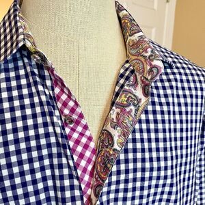 Jared Lang Men's Gingham Check Shirt Size LARGE Contrast Cuff Lining EEUC